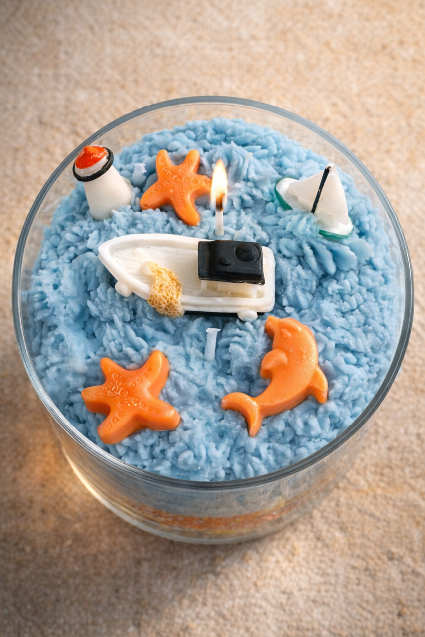 Decorative candle with artisan soy wax boat, starfish, and dolphin in a glass container on a beige surface.