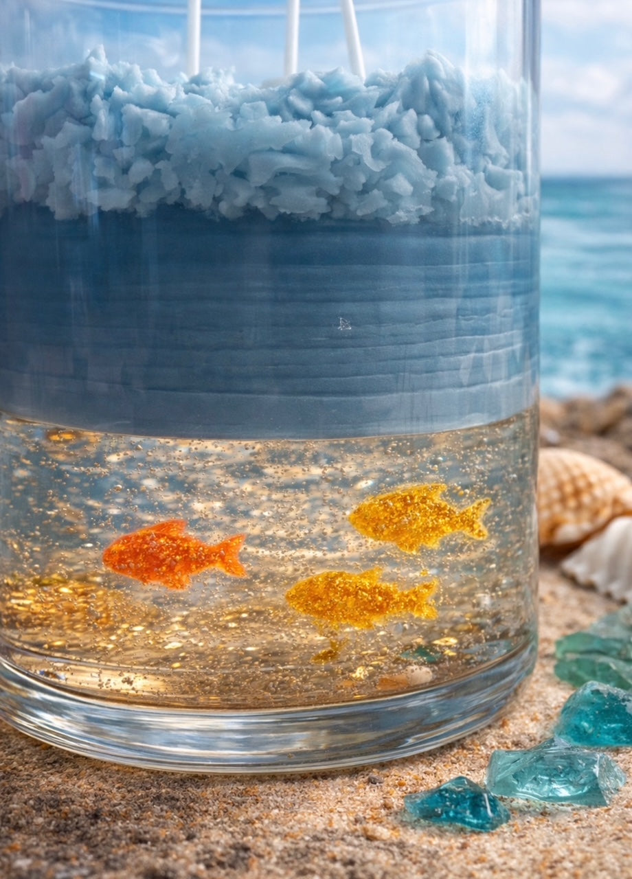 Glass container with ocean-themed decor including goldfish, coral, and shells on a sandy surface.