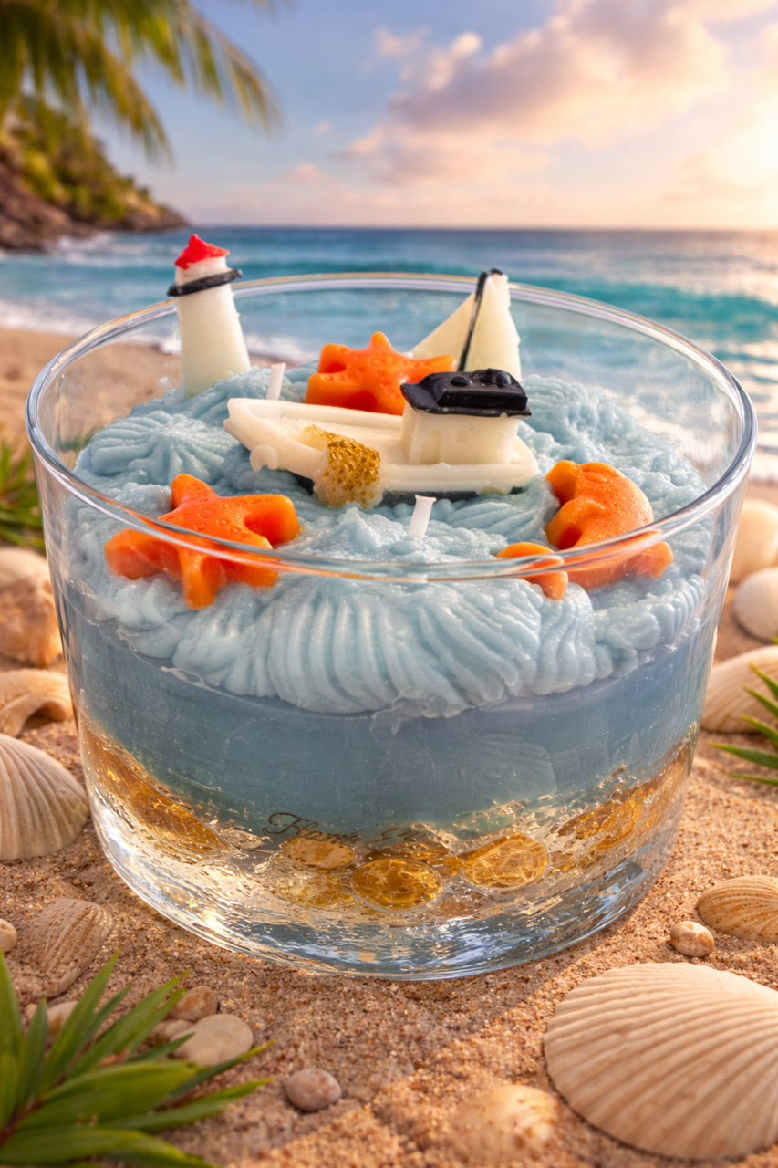 Glass with whipped coconut soy wax resembling ocean waves, beach elements, and a lighthouse candle on a sandy background.