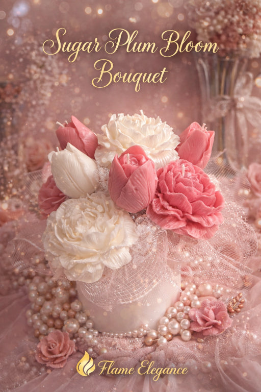 Sugar Plum Bloom candle bouquet with pink and ivory peony and tulip candles in elegant keepsake box. 