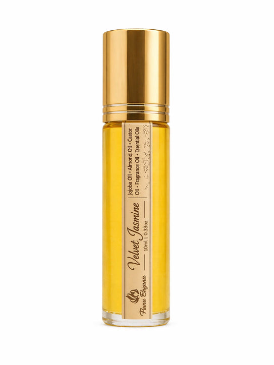 Gold and yellow perfume bottle with a label on a white background, Velvet Jasmine by Flame Elegance