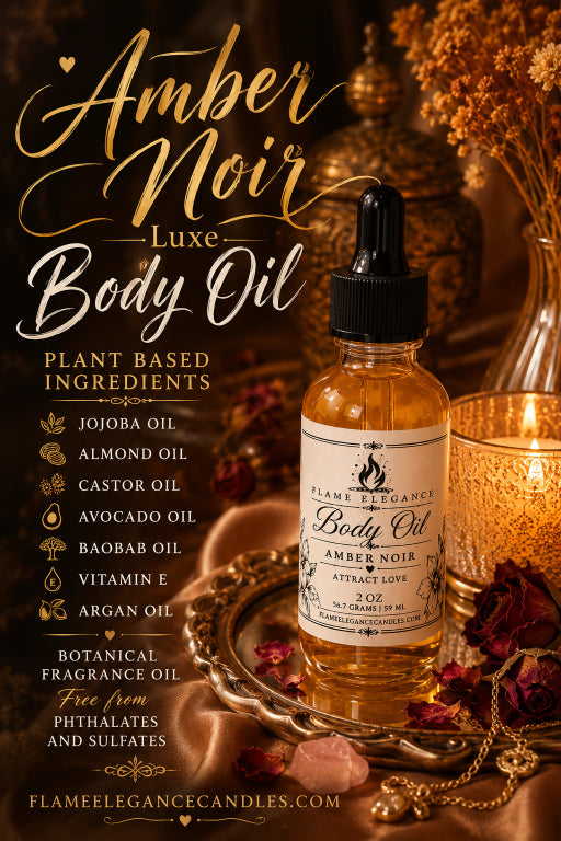 Amber Noir Luxe Body Oil by Flame Elegance, shown in a clear glass dropper bottle with amber-colored oil inside, set on a decorative tray with dried flowers and a lit candle in a warm, rustic setting.