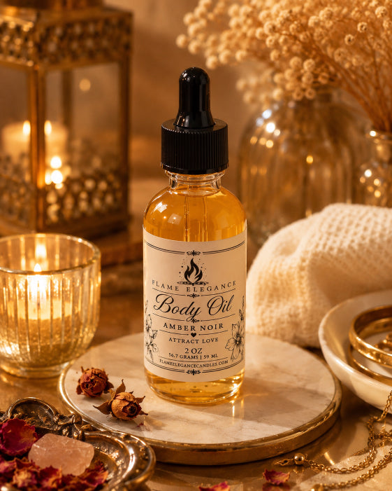 A bottle of Flame Fragrance Body Oil in Amber Noir scent, styled in a warm, cozy setting with a lit candle, dried flowers, and gold-toned accessories.