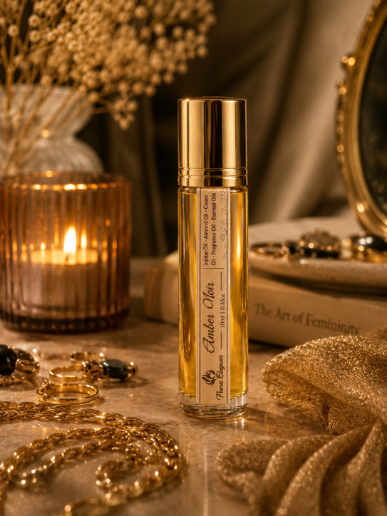 A gold cap cosmetic roller bottle labeled Amber Noir by Flame Elegance standing upright on a marble surface, surrounded by warm decorative props including a lit candle, jewelry, books, and draped fabric.