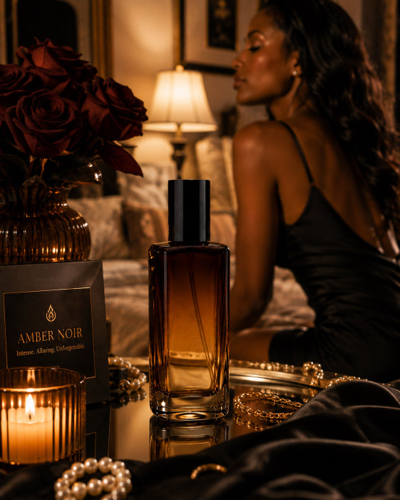 A bottle of Amber Noir perfume stands on a reflective table in a dimly lit bedroom setting, with a woman seated in the background, red roses, a candle, and jewelry around it.