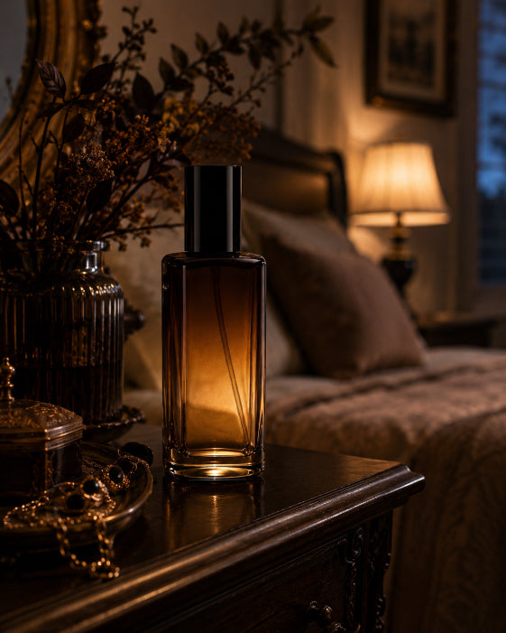 Amber Noir by Flame Elegance. Fine mist perfume spray in amber glass bottle sitting on a dresser in a bedroom with a bed in the background.