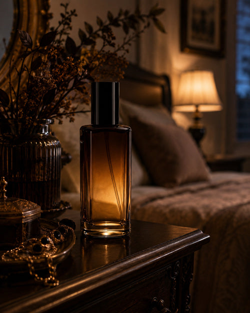 Amber Noir by Flame Elegance. Fine mist perfume spray in amber glass bottle sitting on a dresser in a bedroom with a bed in the background.