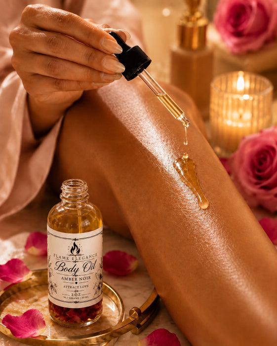 A person applies body oil from a glass dropper bottle onto their leg in a warm, spa-like setting with pink roses and a lit candle in the background. The bottle label reads 'Flame Reverence Body Oil Amber Noir'.
