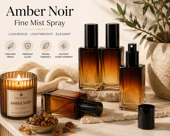 Amber Noir Fine Mist Spray by Flame Elegance. Shows four amber glass bottles and a candle labeled Amber Noir by Flame Elegance. Image says fine mist pray, premium glass, travel friendly, and elevate every moment.