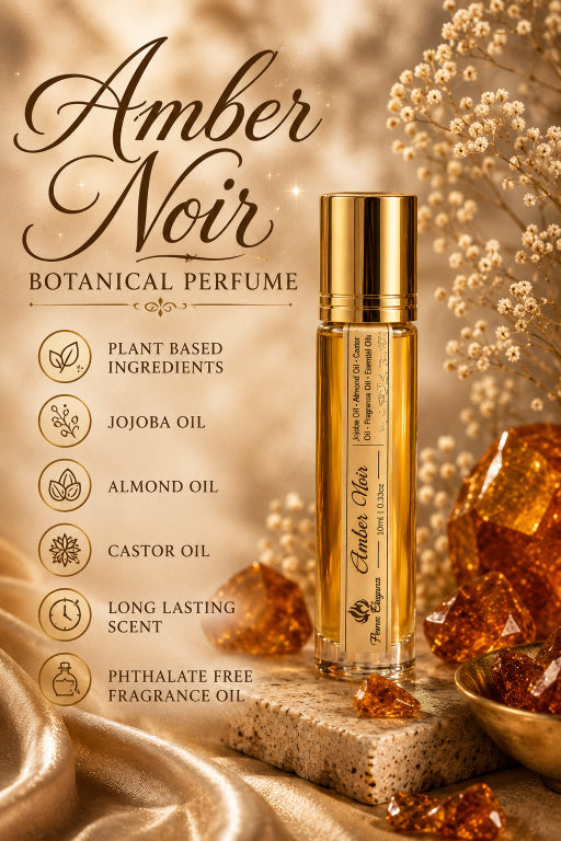 Amber Noir Botanical Perfume oil roller bottle with a gold cap, displayed on a stone slab with amber crystals and dried flowers against a warm beige background with product details listed on the left. By Flame Elegance
