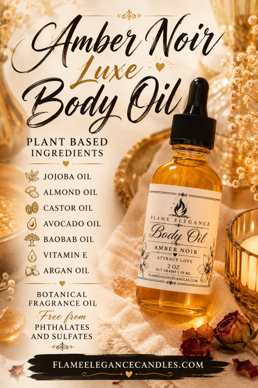 Amber Noir Luxe Body Oil by Flame Elegance, a 2 oz botanical fragrance oil in a clear glass dropper bottle, displayed on a warm beige textured background with decorative dried flowers and gold-toned props.