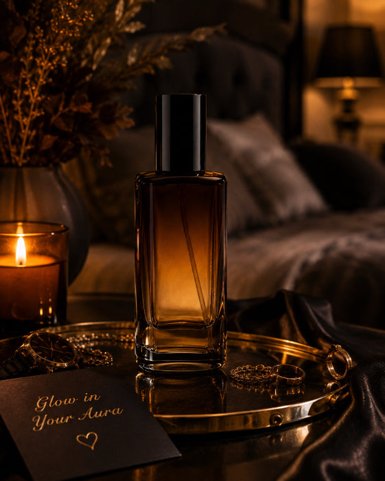 Amber Noir by Flame Elegance in an elegant amber color spray glass bottle on a dresser with a watch and two rings. Bed in the background and a candle on the table. A card that says Glow in your aura.