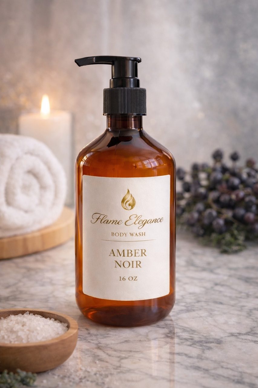 Amber Noir Luxe Body Wash in an amber pump bottle, toxin-free and handcrafted with Castile soap, jojoba oil, glycerine, xanthan gum, and crothix for a warm and luxurious cleanse.
