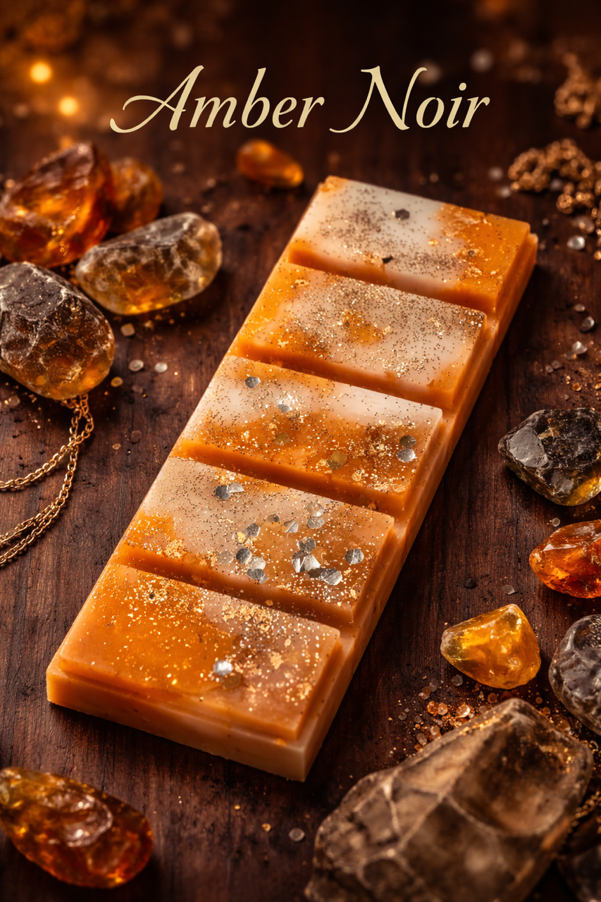 Amber Noir luxurious wax melt bar featuring marbled amber and ivory wax with gold shimmer accents, inspired by warm amber, jasmine, and musk fragrance notes. 