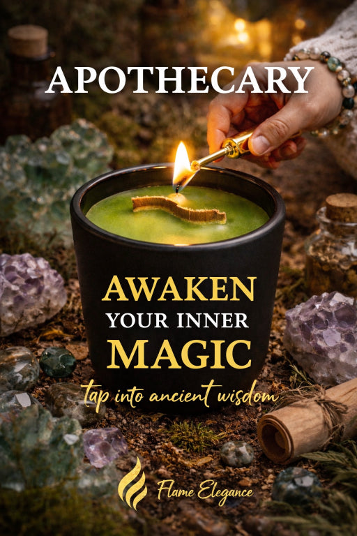 Candle being lit with text 'Awaken Your Inner Magic' and 'Tap into ancient wisdom' in a mystical setting. Apothecary scented candle by Flame Elegance.