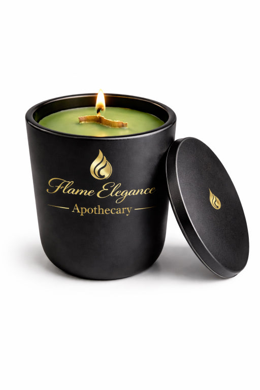 Black candle jar with a lit candle inside, featuring 'Flame Elegance Apothecary' branding.