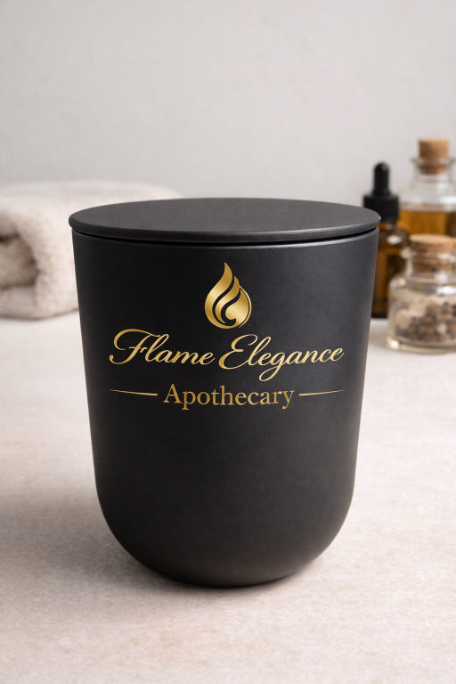 Black ceramic container with elegant slim lid with 'Flame Elegance logo and Apothecary on a light background