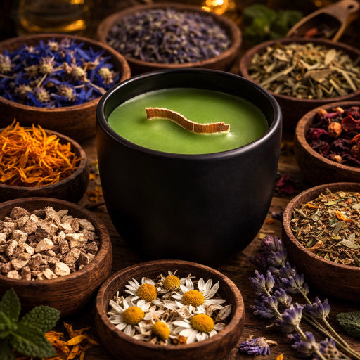 apothecary luxury aromatherapy soy candle with curved wood wick in black ceramic vessel surrounded by herbal botanicals in wood bowls. 