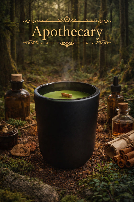 apothecary aromatherapy soy candle with wood wick in black ceramic vessel surrounded by glass bottles in a forest setting. 