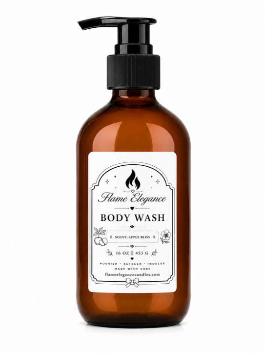 An amber glass pump bottle of Flame Elegance Apple Bliss Body Wash with a black pump dispenser and a white label, shown on a plain white background.