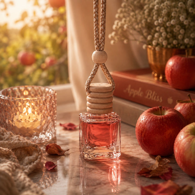 A small glass reed diffuser bottle filled with pink liquid sits on a tabletop surrounded by red apples, a lit candle, dried leaves, and a knitted textile. A hanging reed diffuser with a wooden cap is centered in the scene.