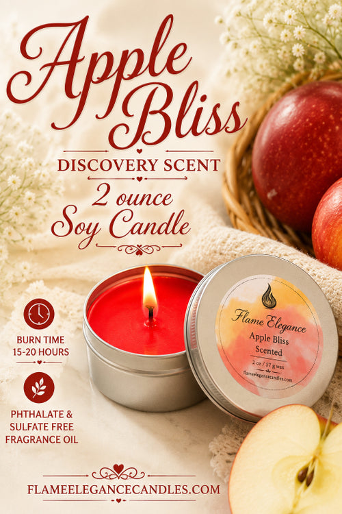 Apple Bliss Discovery Scent 2 ounce Soy Candle By Flame Elegance with apples in the background. 