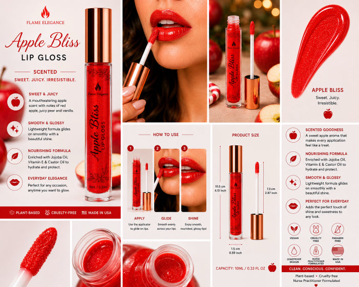 A promotional collage for Apple Bliss Lip Gloss by Flame Elegance, showing multiple views of the lip gloss tube, a close-up of the product tube, a swatch of glossy red gloss, a model wearing red lips, and text detailing the scent, formula, size, and usage instructions.