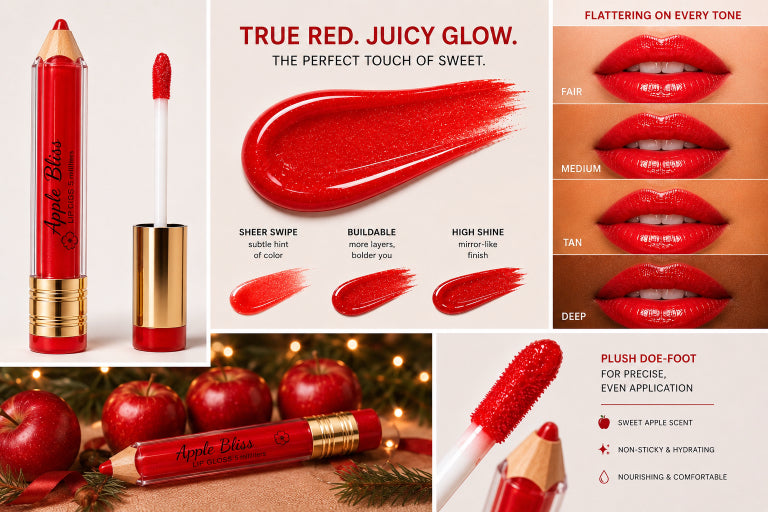 Apple Bliss lip blush in a true red shade, shown in a pencil-style tube with gold accents, alongside a doe-foot applicator, a red color swatch, lip application results on fair, medium, tan, and deep skin tones, and a close-up of the applicator bristle. Text highlights 'True Red.