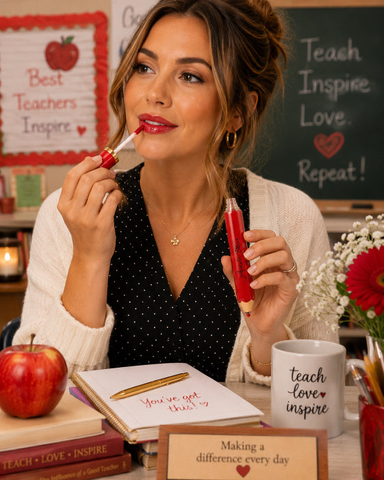 A woman in a classroom setting applies red lipstick while holding a matching red lip product. The scene includes a chalkboard reading 'Teach Inspire Love.