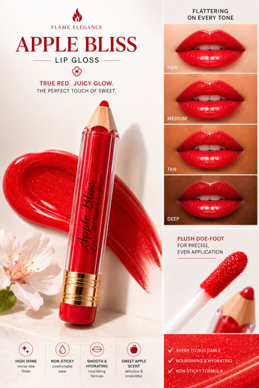 Apple Bliss Lip Gloss pencil in a bright red color with a gold cap, shown alongside a red gloss smear, lip application examples on different skin tones, and product feature icons on a white background.