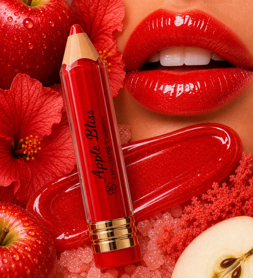 A red lip gloss stick labeled Apple Bliss by Flame Elegance  styled with glossy red lips, red flowers, apples, and a red heart-shaped gloss smear on a white background.