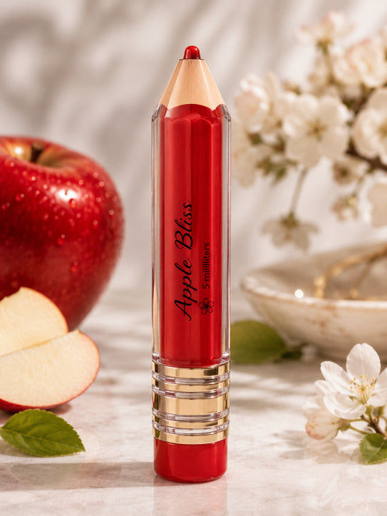 A red pencil-shaped lip balm or cosmetic stick labeled 'Apple Blossom' stands upright on a light marble surface, styled with a red apple, flower petals, and soft floral background.