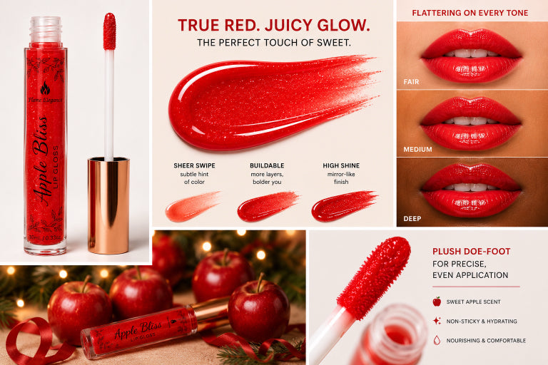 Apple Bliss liquid lipstick by Flame Elegance in a true red shade, shown in its clear tube with a rose gold cap, alongside a doe-foot applicator, a large red lipstick swatch, and three close-up lip swatches labeled Fair, Medium, and Deep. Text highlights the juicy glow and sweet scent.