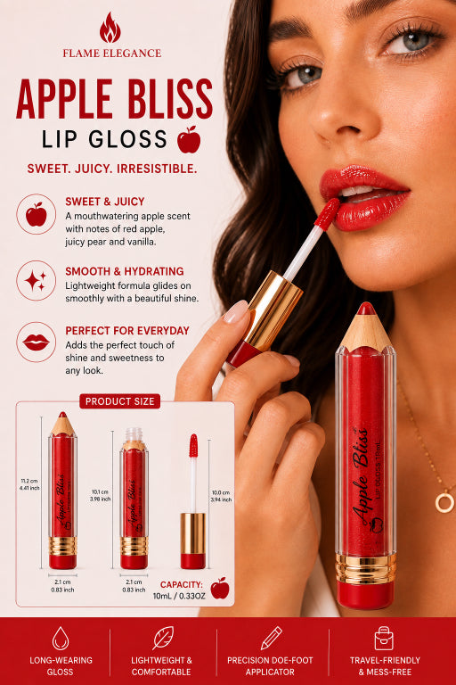 Apple Bliss Lip Gloss by Flame Elegance, featuring a close-up of a woman applying the glossy red lip product, alongside the red and gold lip gloss pencil and tube, with product details and marketing text on a red and cream background.