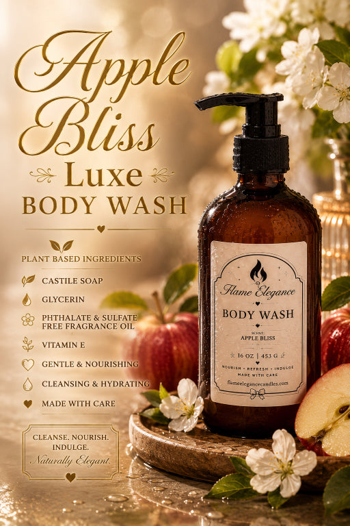 Apple Bliss Luxe Body Wash by Flame Elegance in an amber glass pump bottle, styled with fresh apples, white blossoms, and a rustic wooden surface against a warm golden background with product feature text on the left.