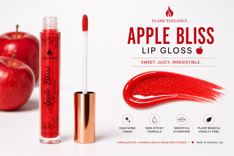 Flame Elegance Apple Bliss Lip Gloss in a vibrant red shade, shown with its clear tube, metallic rose gold cap, and applicator wand. The background is clean white with a red gloss swatch, two decorative red apples, and product text detailing the scent and key benefits.