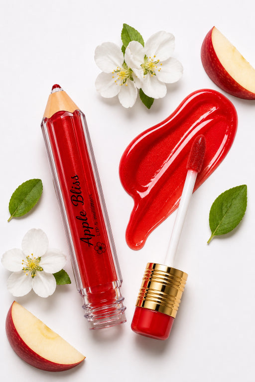Apple Bliss lip crayon in a clear tube with a red tip, shown alongside a glossy red swatch and applicator wand on a white background, styled with apple slices, green leaves, and white blossoms.
