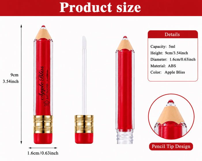 Product size and details infographic for an Apple Bliss lip gloss pencil by Flame Elegance. The image shows three views of the red and clear pencil balm with a gold ferrule, a separate clear applicator wand, a text box with specifications (Capacity: 5ml, Height: 9cm, Diameter: 1.