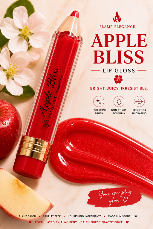 Apple Bliss Lip Gloss by Flame Elegance, shown as a red lip gloss stick with a gold cap next to a glossy smear of the red gloss, styled with red apples, white flowers, and a slice of apple on a light cream background with product text.