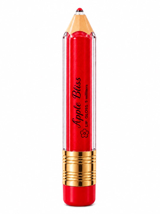 A lip gloss pencil shaped like a pencil, featuring a vibrant red body with a clear plastic outer casing, a gold ferrule, and a red eraser tip. The brand name 'Apple Bliss by Flame Elegance' is printed vertically on the red body.