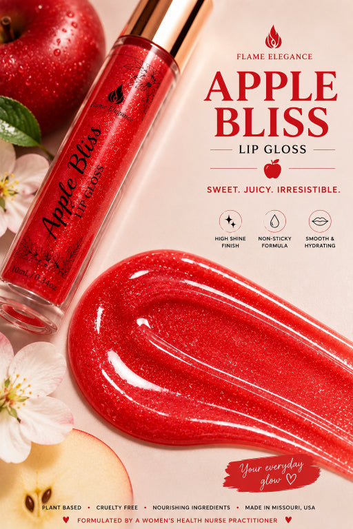 Flame Elegance Apple Bliss Lip Gloss in a clear tube with a gold cap, shown next to a glossy red swipe of the gloss and decorative apple slices and flowers on a light beige background.