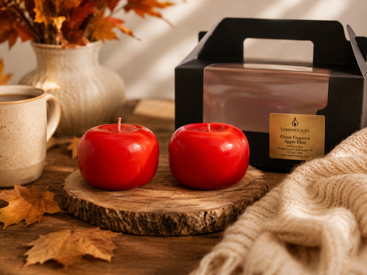 two scented apple bliss candles by Flame Elegance sitting on a sliced piece of wood coffee mug and fall flowers in background. Black packaging in background with gold label saying Flame Elegance.