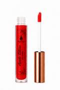 A tube of red glitter lip gloss next to its applicator wand, which is coated with the red gloss. The tube has a black label reading 'Apple Bliss Lip Gloss' and is shown with its metallic rose gold cap off against a white background.