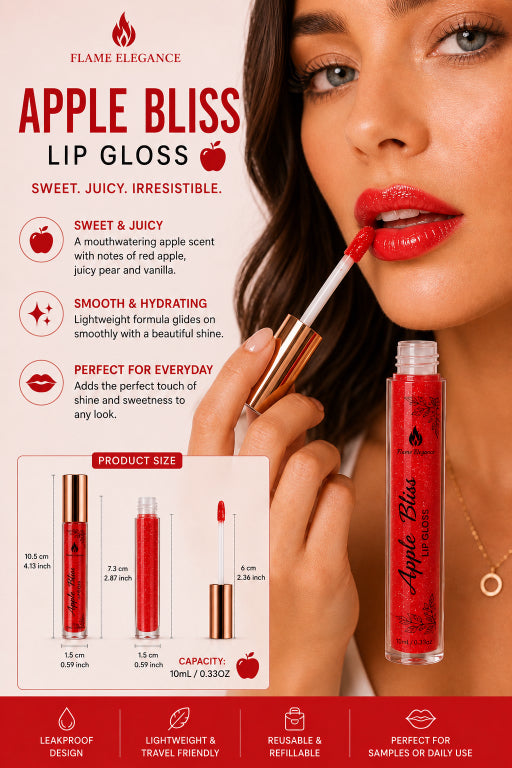 Apple Bliss Lip Gloss by Flame Elegance, featuring a close-up of a woman applying red lip gloss while holding the applicator, alongside product size and capacity details and a clear tube showing the glossy red formula.