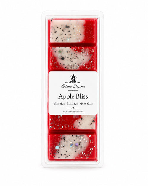 Wax melt container with 'Apple Bliss' scent on a white background in clamshell packaging by Flame Elegance