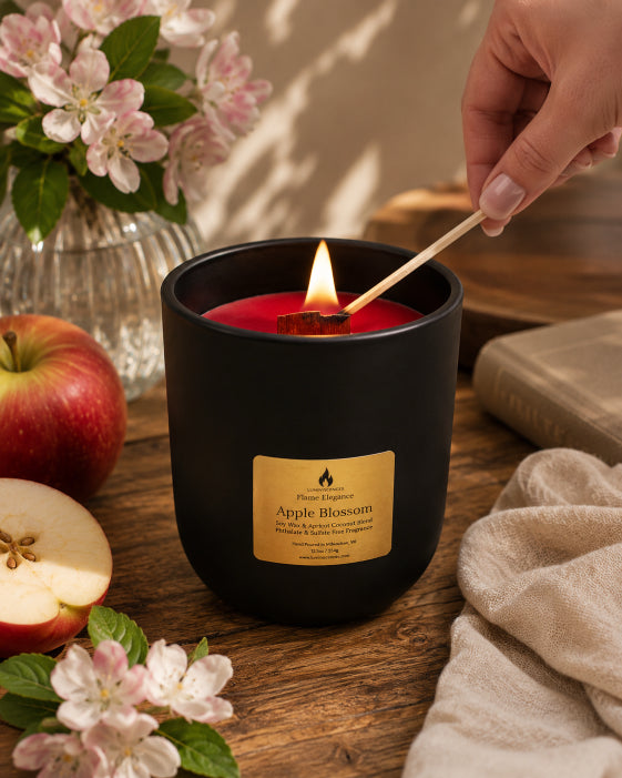 Candle labeled 'Apple Blossom' being lit with a wooden match on a wooden surface with apples and flowers by Flame Elegance. Wood Wick Candle and soy wax. 