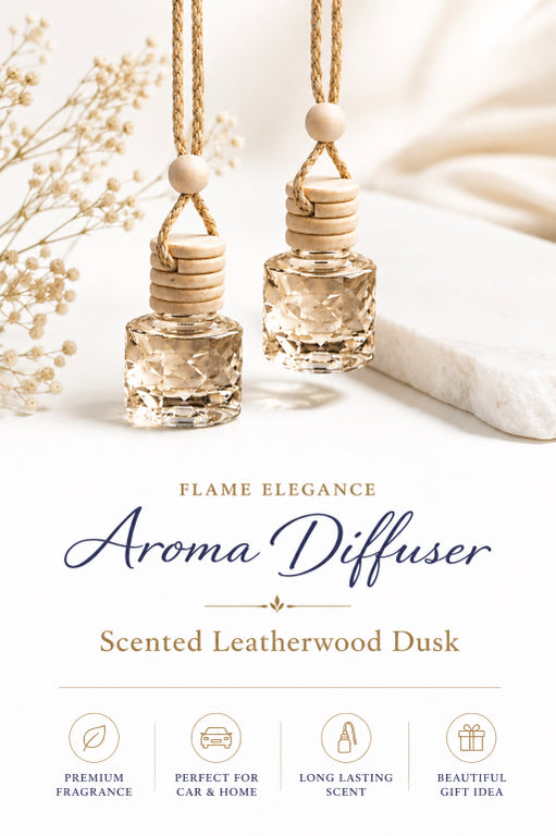 Two luxury leatherwrood car air-fresheners with leatherwood scent on a light background by Flame Elegance