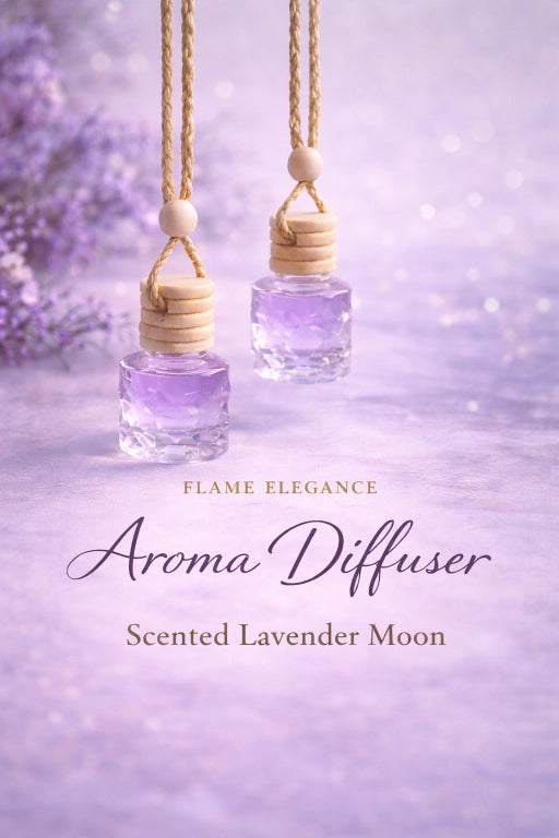 Two aroma diffusers with lavender liquid on a soft purple background, labeled 'Flame Elegance'.