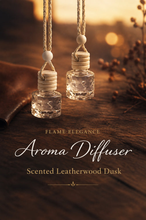 Two leatherwood dusk aroma diffusers by Flame Elegance on a wooden surface with a blurred natural background