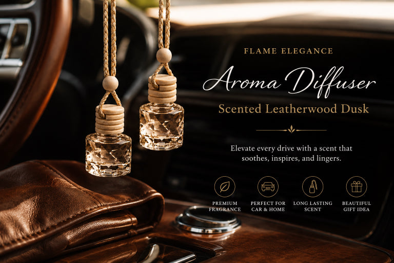 Leatherwood Dusk Aroma diffuser for cars on a car dashboard with branding and product details by Flame Elegance. 